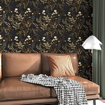 Black Floral Wallpaper Peel and Stick Wallpaper Leaf Wallpapers Gold Leaf Contact Paper for Cabin... | Amazon (US)