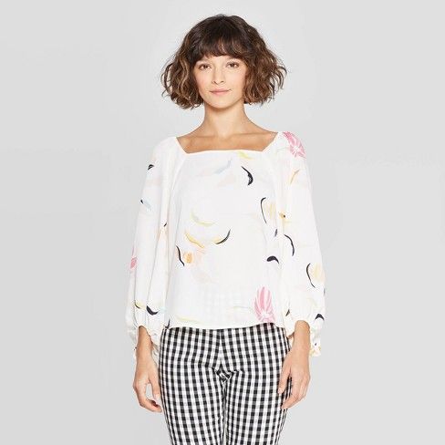 Women's Floral Print Long Sleeve Square Neck Blouse - A New Day™ White | Target