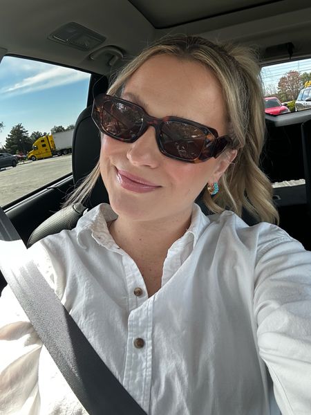 Today’s outfit / this oversized white button down shirt is not maternity but fits over the bump! My sunglasses and earrings are both amazon finds and I linked my lip oil! 

#LTKbump #LTKsalealert #LTKfindsunder50