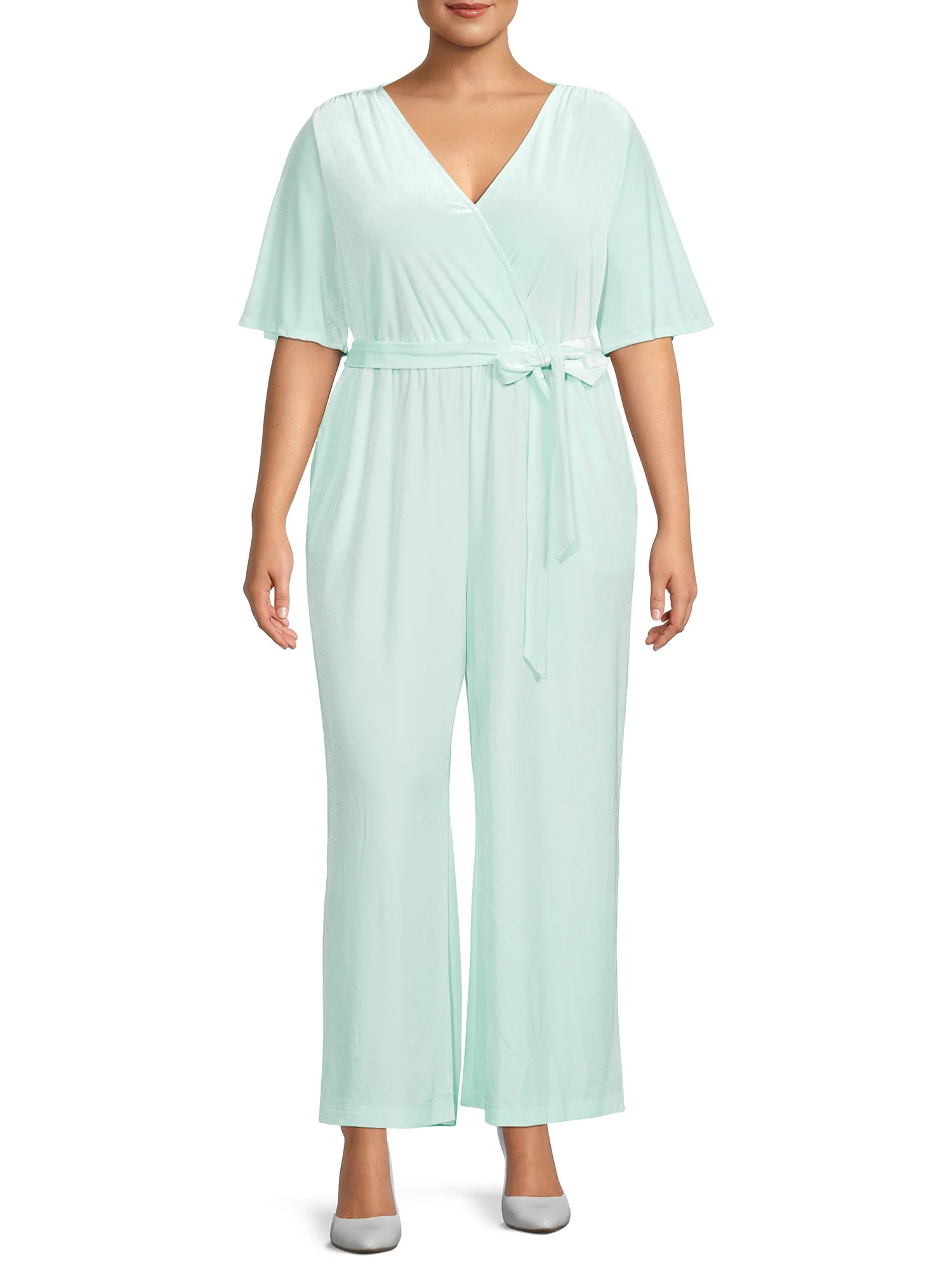 The Get Women's Plus Size Faux Wrap Front Velvet Jumpsuit | Walmart (US)