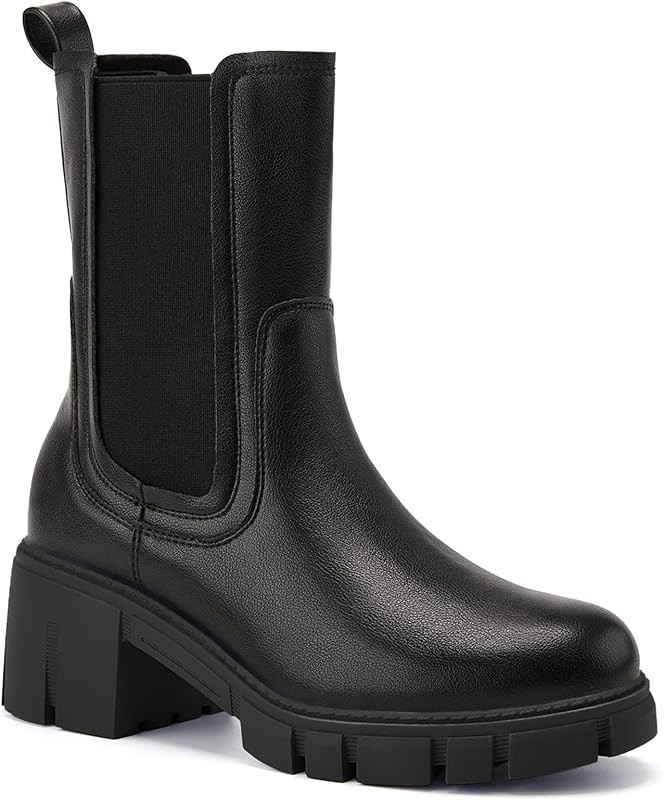 Women's Lug Sole Platform Boots Mid Calf Elastic Chunky Block Heel Leather Chelsea Booties | Amazon (US)