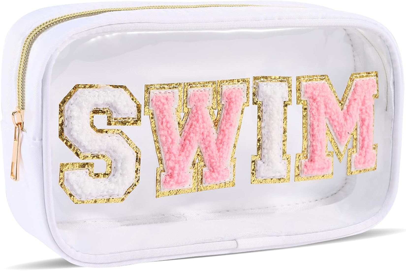 Swim Pouch Bag Clear Makeup Bags with Zipper Preppy Chenille Letter Patch Cosmetic Bag Beach Pool... | Amazon (US)