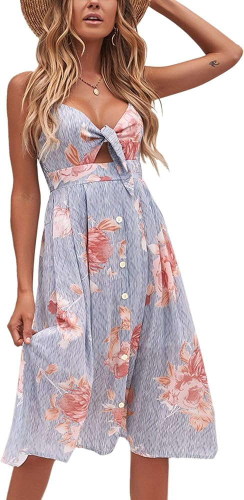 ECOWISH Women Dresses Summer Tie Front V-Neck Spaghetti Strap Button Down A-Line Backless Swing M... | Amazon (US)
