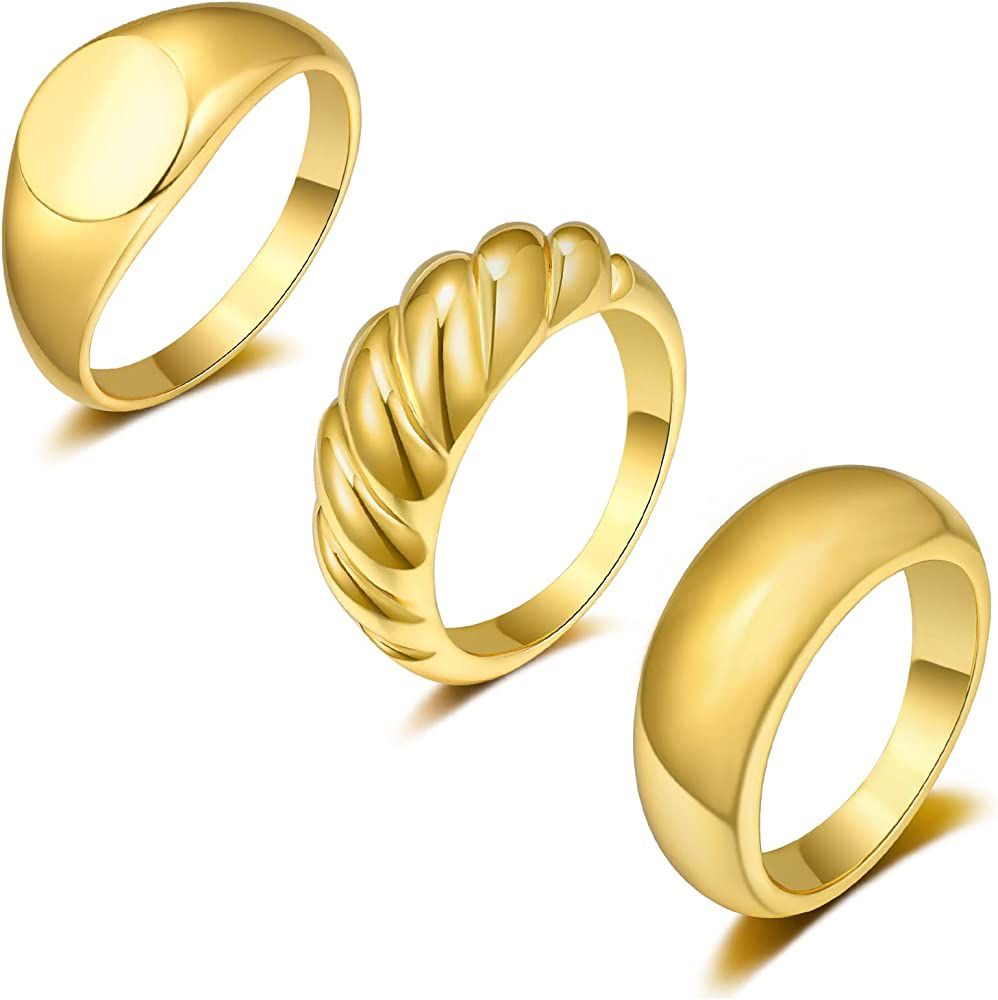 3PCS Thick Dome Chunky Rings 18K Gold Plated Rings for Women Girls Round Signet Rings Braided Twi... | Amazon (US)