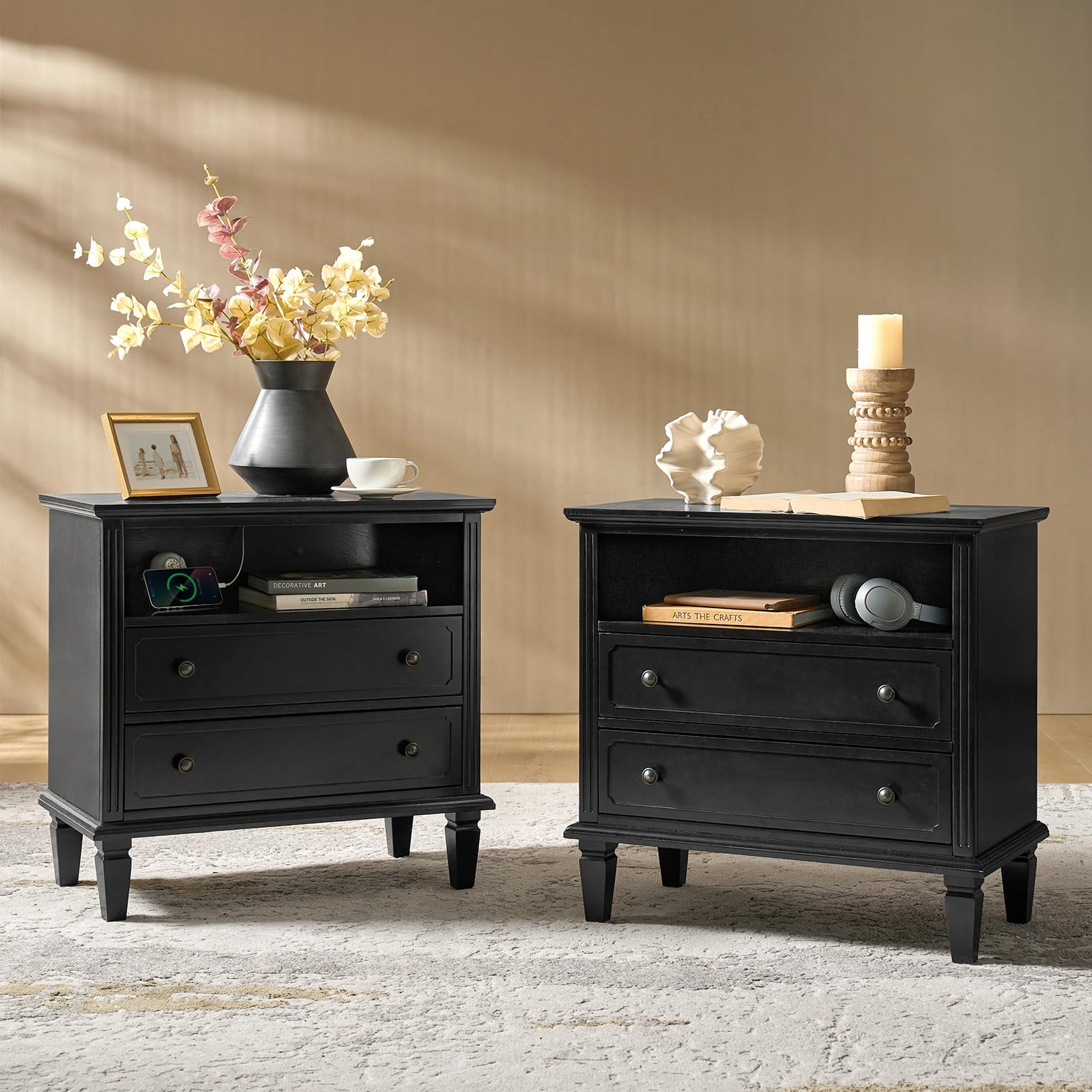 HULALA HOME Farmhouse End Table with Charging Station Set of 2, End Table with USB Ports & Outlet... | Amazon (US)