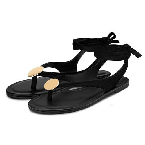 Carcuume Women's Suede Flat Sandals with Metallic Accents Adjustable Strappy Flip Flops for Beach Vacation Casual Outings Cushioned Dressy Slides,MOLAZY-BLACK PU-11 | Amazon (US)