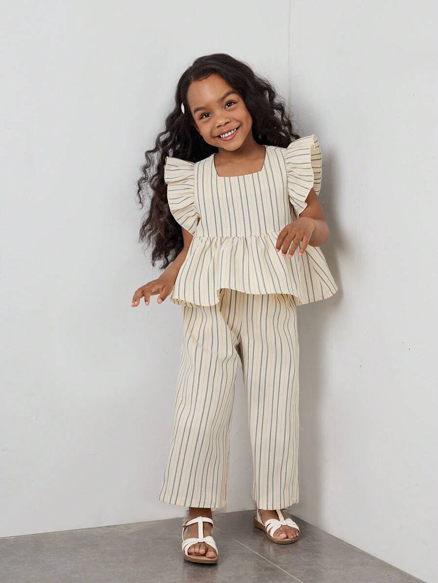 Maija 2pcs  Summer Young Girl Set: Square Neck Cap Sleeve Shirt And Casual Pants | SHEIN