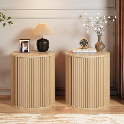 RUSTYER Round Fluted Side Table Set of 2, 15.7" Mid-Century Modern End Table with Storage, Wooden Bedside Table Round Nightstand Small Circle Sofa Accent Table for Living Room, Bedroom (Natural) | Amazon (US)