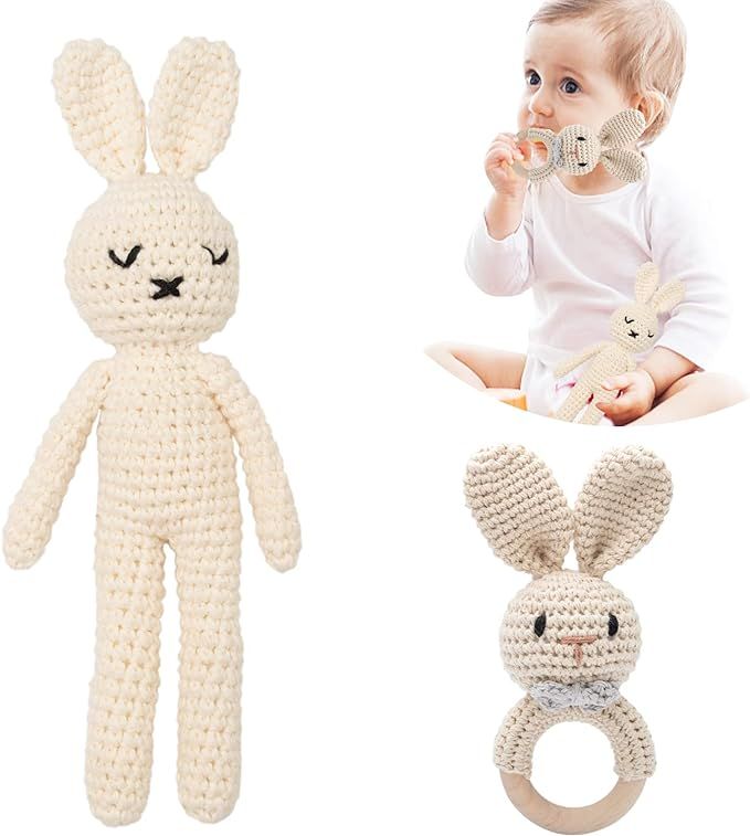 Amazon.com: 2PC Wooden Baby Bunny Rattle & Crochet Doll Plush Stuffed Rabbit Animals Toy for Newb... | Amazon (US)
