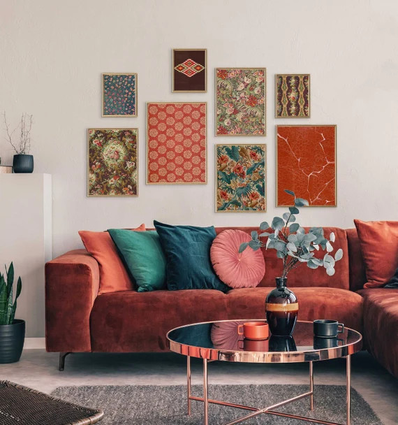 Teal Red Vintage Textile Gallery Wall Set 8 Downloadable - Etsy | Etsy (US)