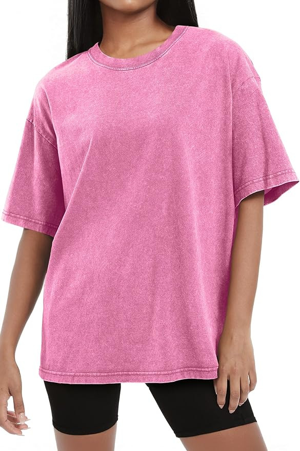 SHEWIN Oversized Wash Out Fabric Tee Shirts Trendy Cotton Tops Casual Work Tshirt 2026 | Amazon (US)