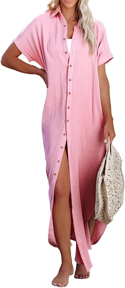 Dokotoo Womens Casual Short Sleeve Side Split Button Down Long Kimonos Cardigans Swimsuit Cover U... | Amazon (US)