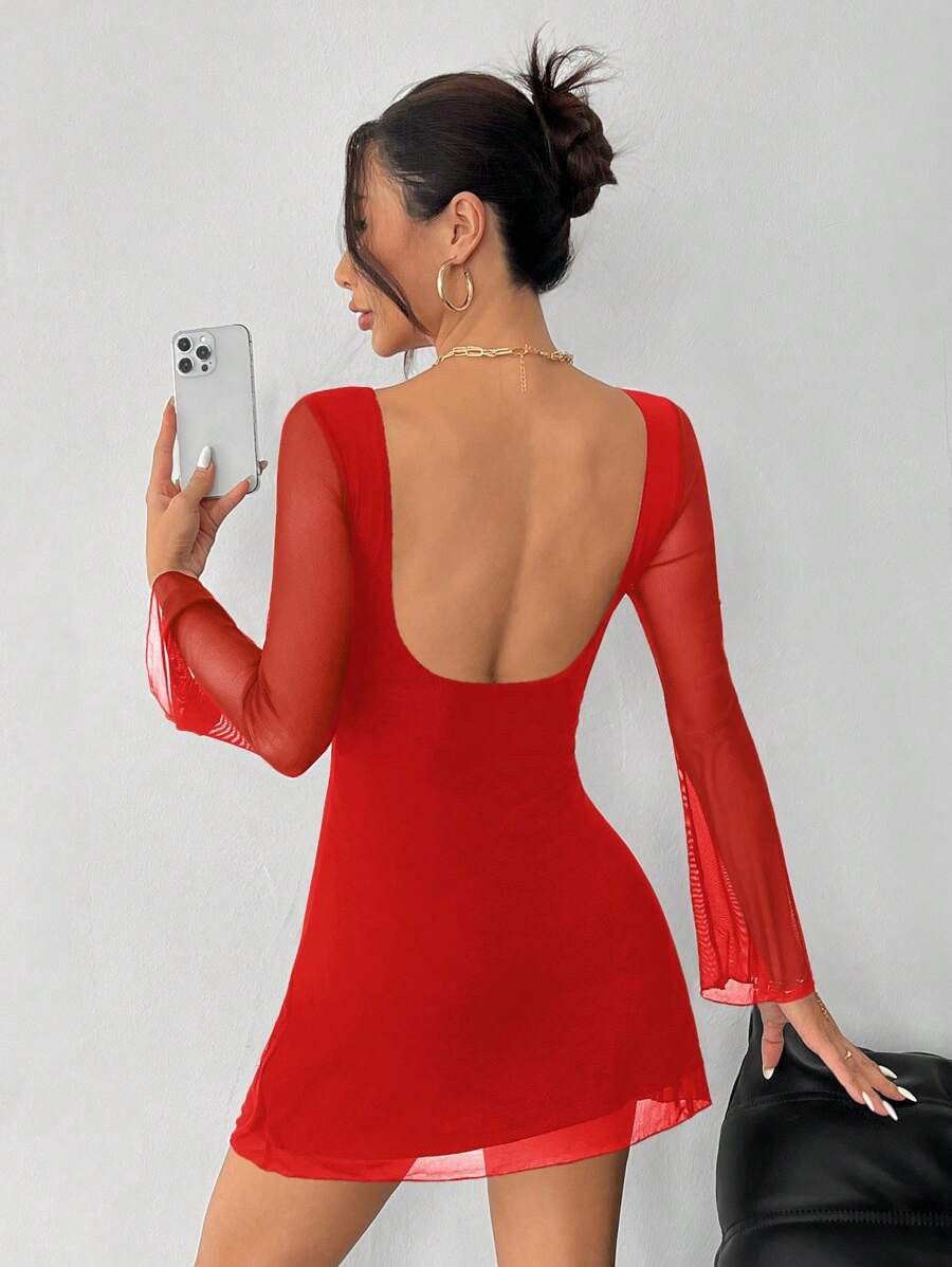 SHEIN PETITE Women's New Sexy Backless Trumpet Sleeve Mesh Dress For Early Autumn | SHEIN