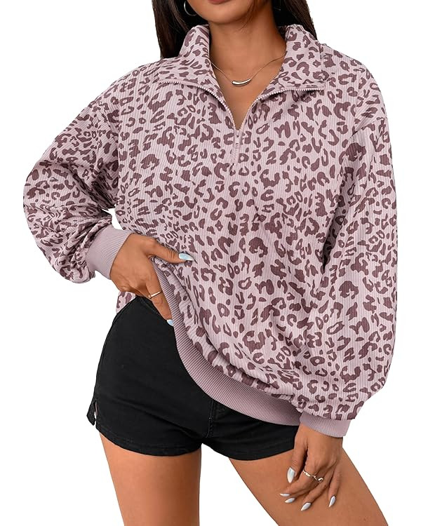 Hilinker Womens Cheetah Print Oversized Sweatshirt Half Zip Pullover Corduroy Long Sleeve Tops | Amazon (US)