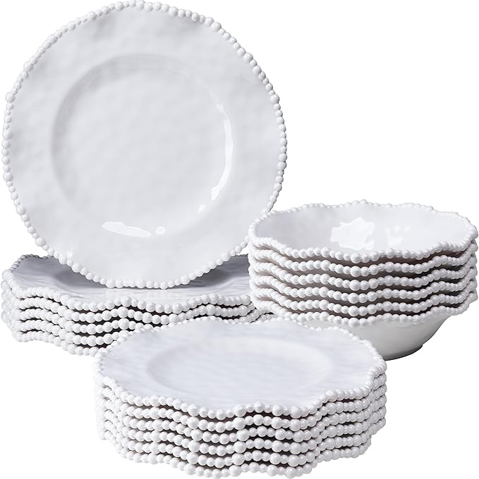 Creamy Beaded Melamine Dinnerware Sets, Set of 6,18 piece Farmhouse Plates and Bowls Set, Lightwe... | Amazon (US)