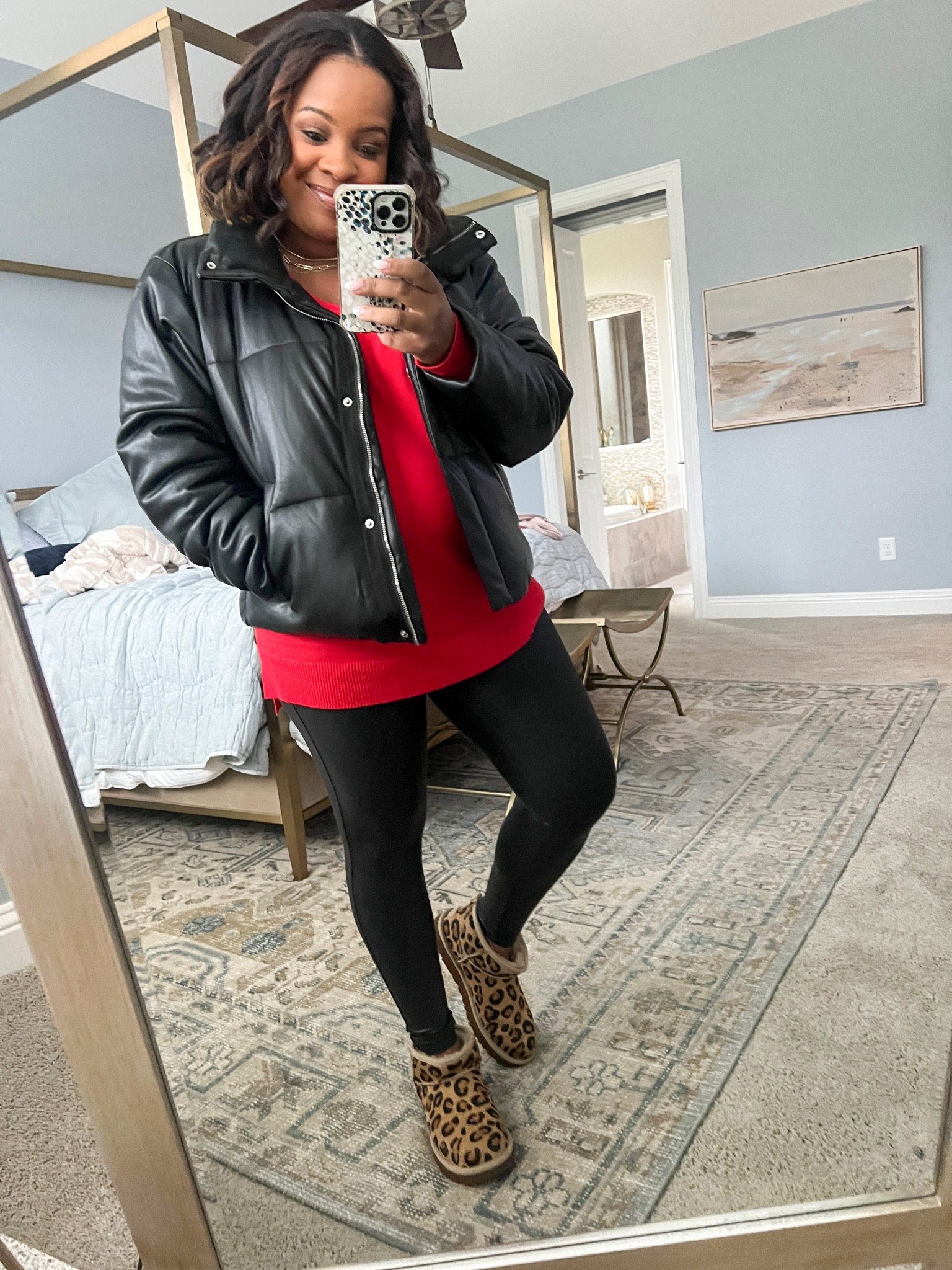 Puffer Jacket Guess Red Leather Jacket Womens Front Open - Main Image