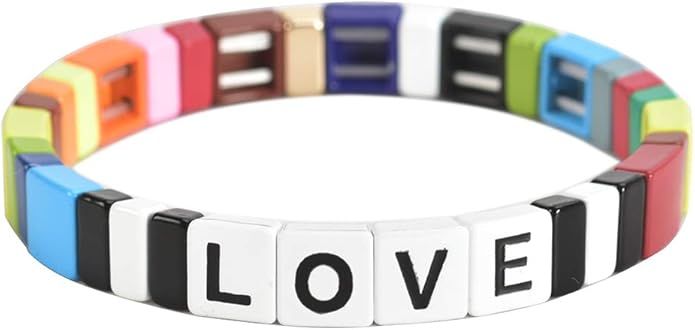 Coolcos Tile Enamel Bracelet - Love Letter Alphabet Soup Bracelet Colorblock Bracelet Elastic Rec... | Amazon (US)