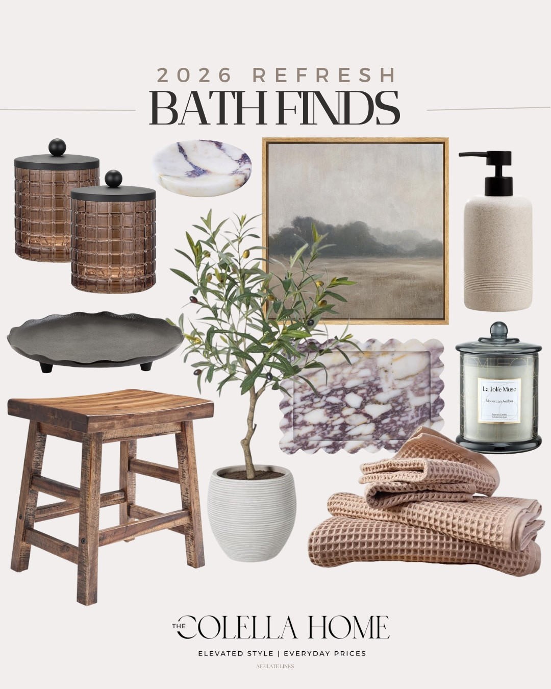 2026 bathroom refresh includes towels, candle, tray, wall art, soap dispenser, faux plant, stool, tray, canister, and ring dish.

Home decor, bathroom refresh, neutral bathroom, home refreshh

#LTKHome #LTKFindsUnder100 #LTKFindsUnder50