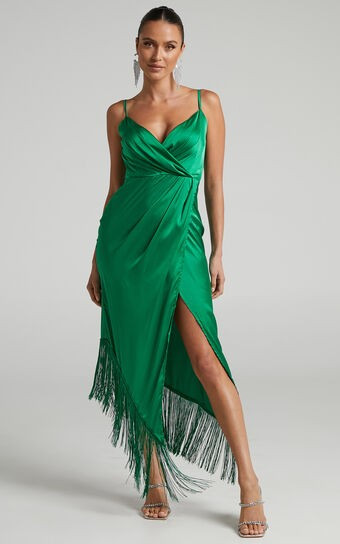 Rholie Plunge Neck Fringe Hem Fixed Wrap Midi Dress in Emerald | Showpo (US, UK & Europe)