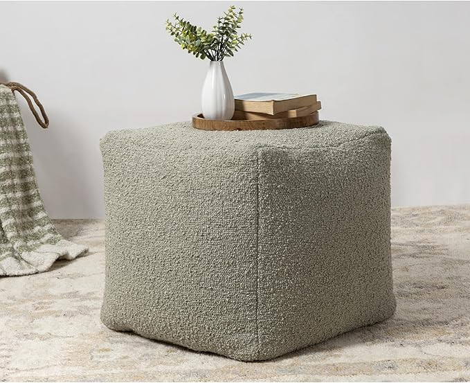 LR Home Green Solid Boucle Polyester Cube Ottoman Pouf for Home Decor | Hand-Woven Contemporary F... | Amazon (US)