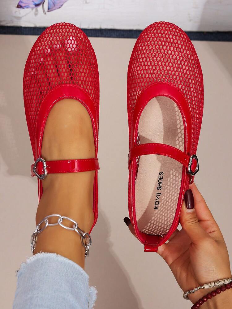 Women's Summer New Fashion Outdoor Vacation Shoes Breathable Mesh Mary Jane Flat Shoes Hollow Round Toe Ballet Flats | SHEIN