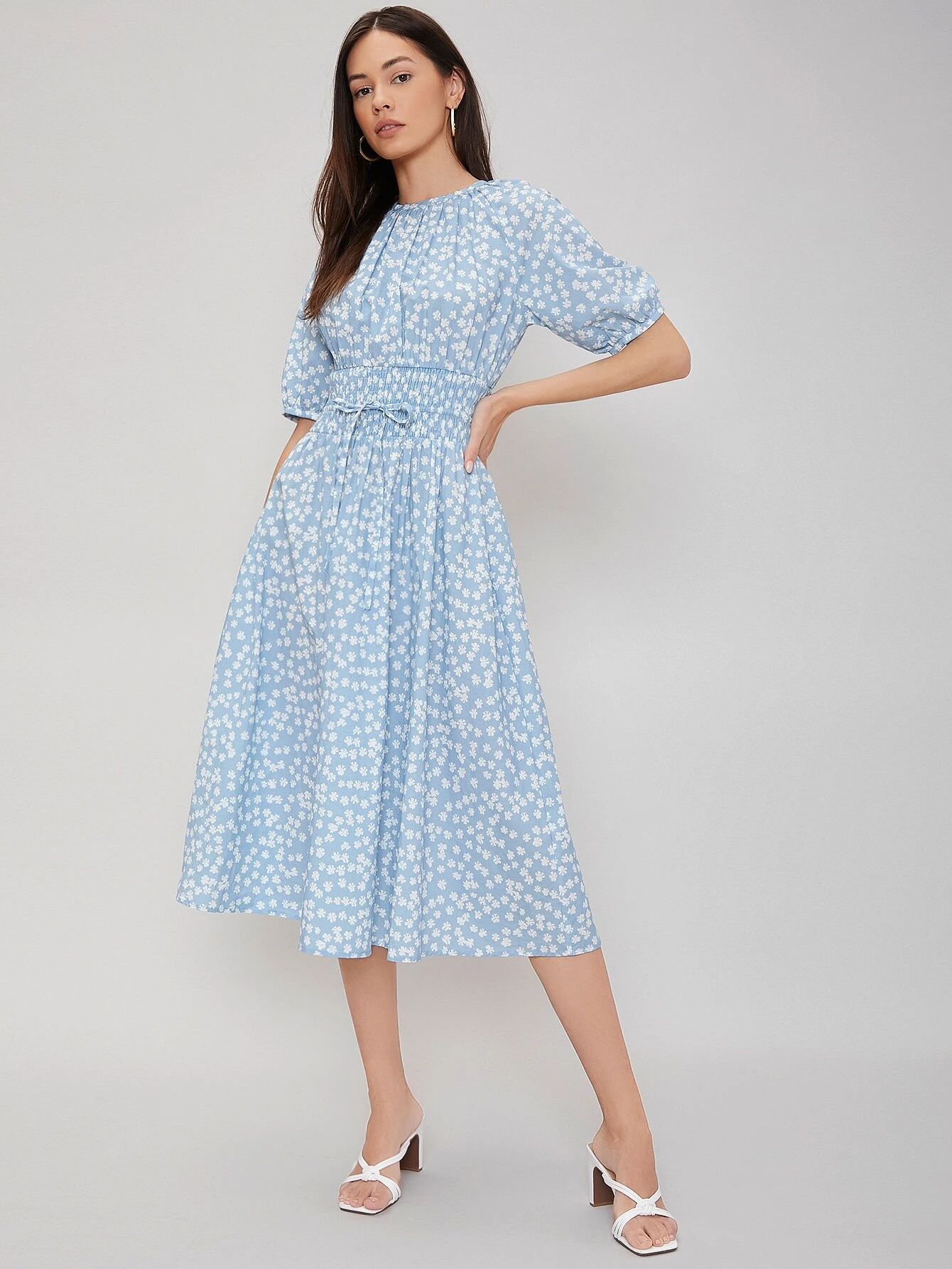 MOTF PREMIUM VISCOSE GATHERED MIDI DRESS | SHEIN