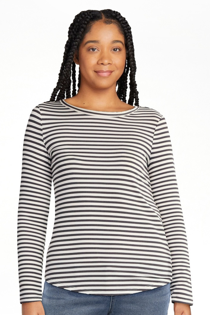 No Boundaries Ribbed Crewneck Tee with Long Sleeves, 1 or 2-Pack, Women's & Women's Plus XXS-XXL | Walmart (US)