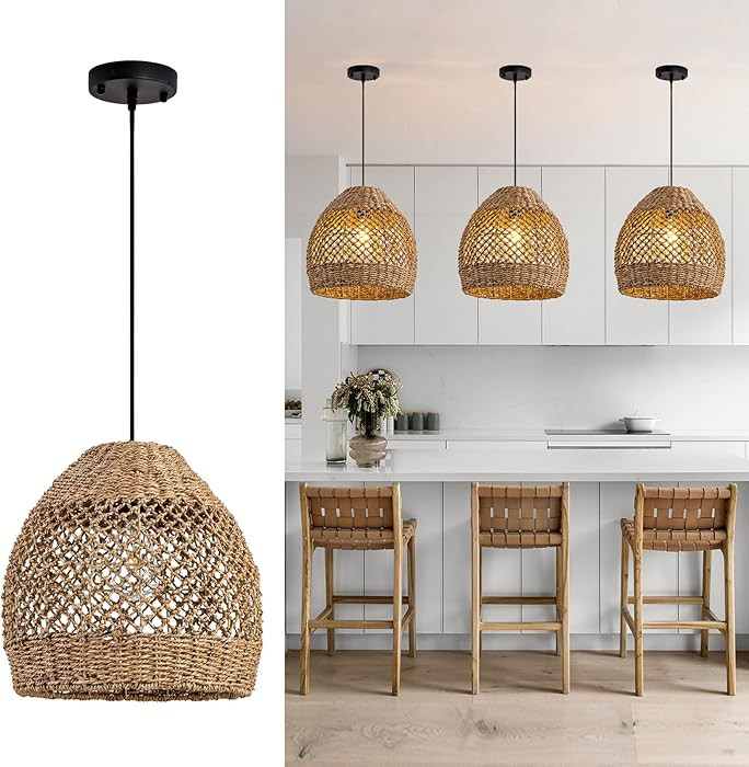 Boho Rattan Pendant Lights 13.8" Hand-Woven Farmhouse Dining Room Light Fixture Bell Ceiling Hang... | Amazon (US)