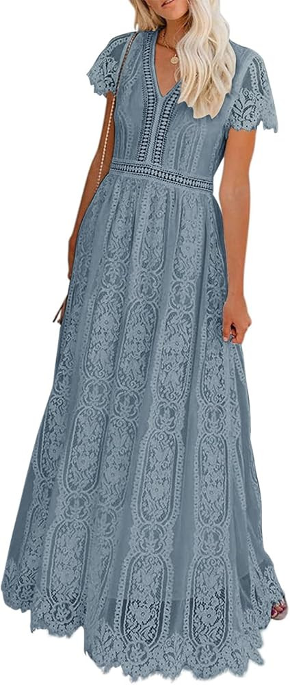 MEROKEETY Women's 2026 V Neck Short Sleeve Floral Lace Wedding Dress A Line Boho Bridesmaid Cockt... | Amazon (US)
