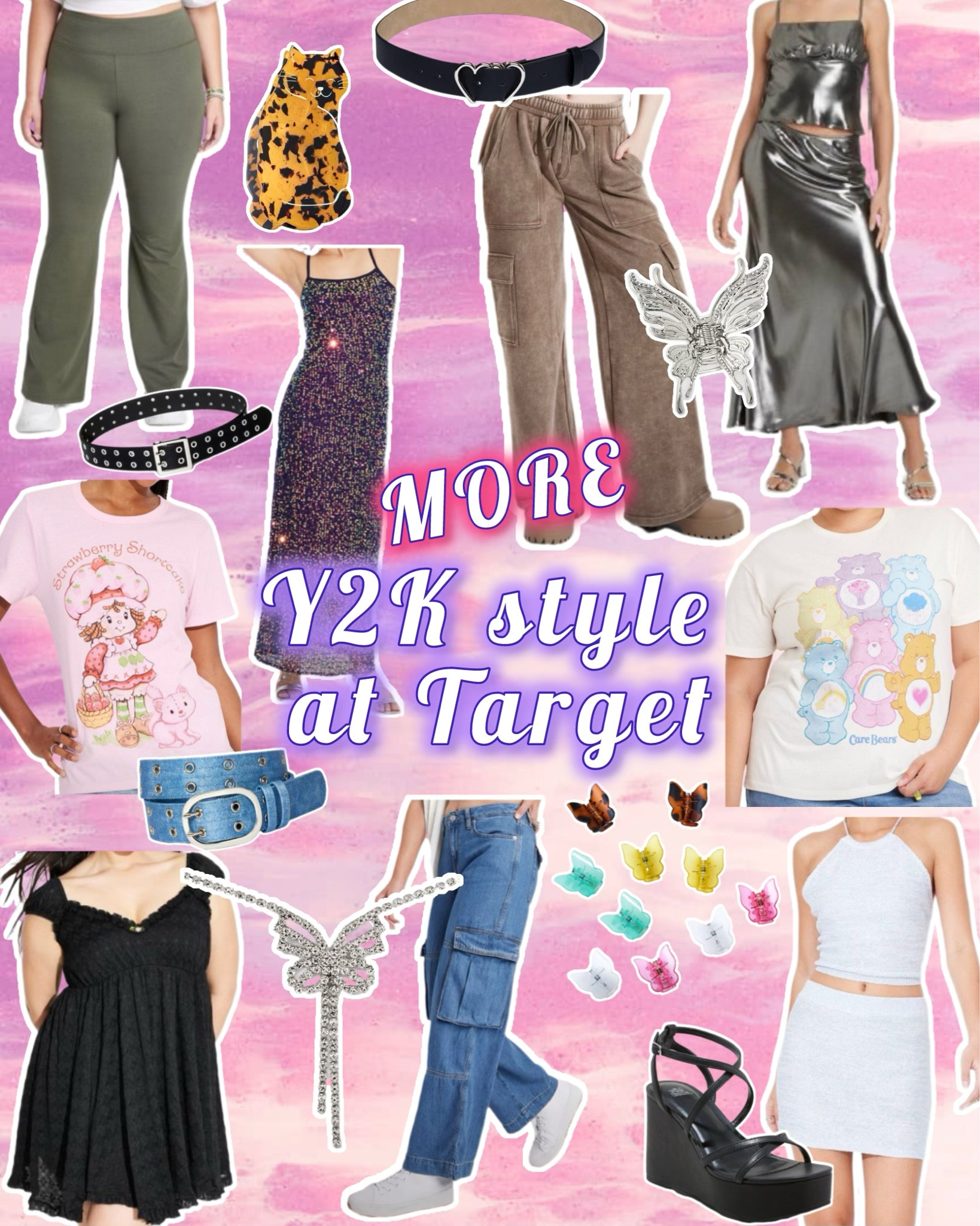 Part 3- I can’t link them all in one post- Y2K style finds at Target as seen on my TikTok at madihearts // 2000s early 2000s aesthetic Y2K style fashion outfit clothes target wild fable accessories shoes butterflies Care Bears strawberry shortcake metallic swimwear pants shirts skirts jeans dresses