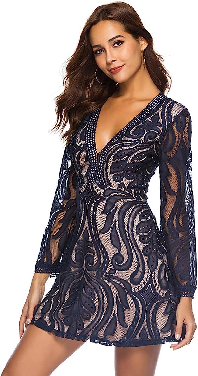 Plusnuolee Women's Deep V Neck Elegant Lace Cocktail Party Dress Bell Sleeve Lace Dress Plus Size | Amazon (US)