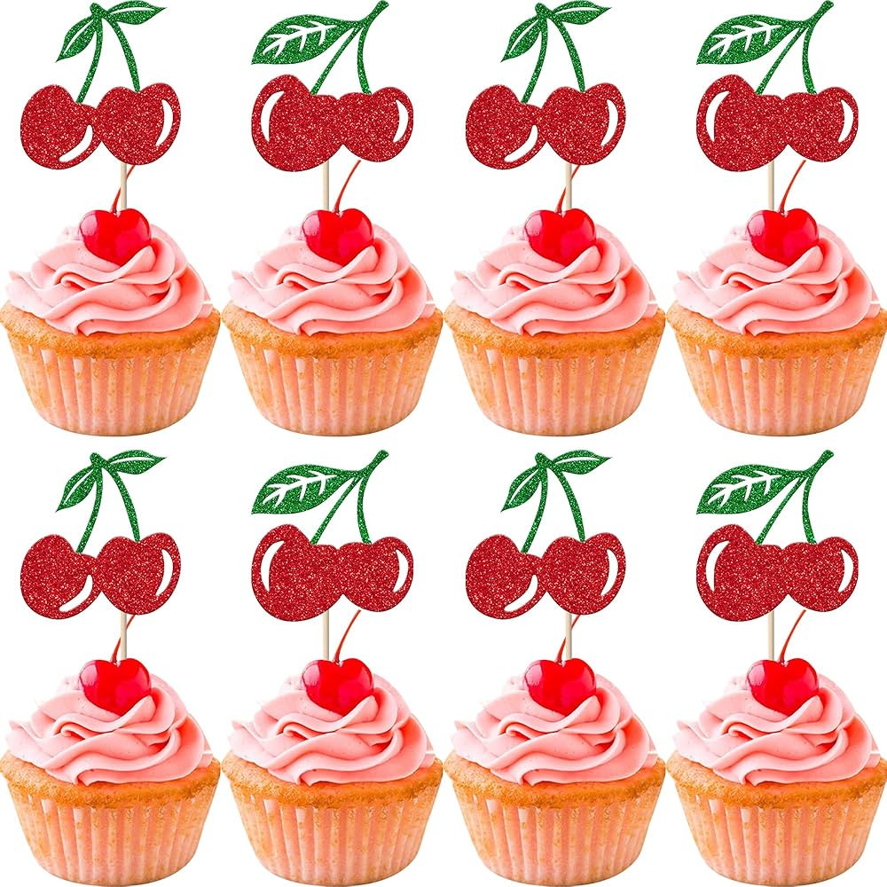 24 Pack Cherry Cupcake Toppers Glitter Red Cherry Cupcake Picks for Fruit Cherry Theme Baby Showe... | Amazon (US)