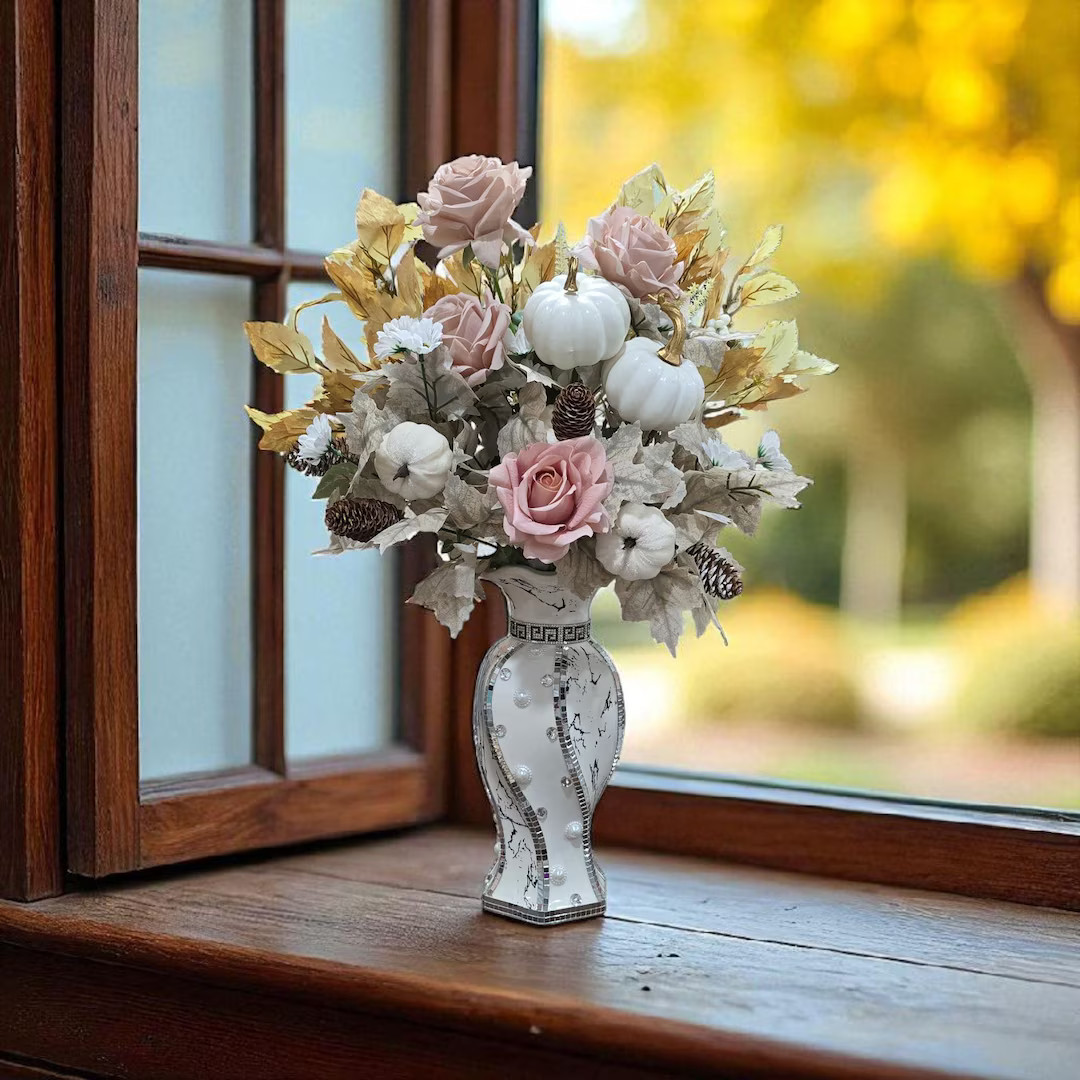 Elegant Fall Floral Arrangement With Pumpkins, Roses & Golden Leaves – Handmade Centerpiece - E... | Etsy (US)