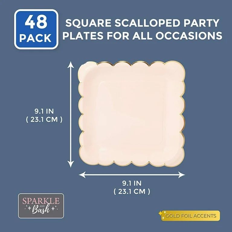 48 Pack Pink Scalloped Paper Plates, Gold Foil Disposable Square Plate for Girls Birthday & Brida... | Walmart (US)