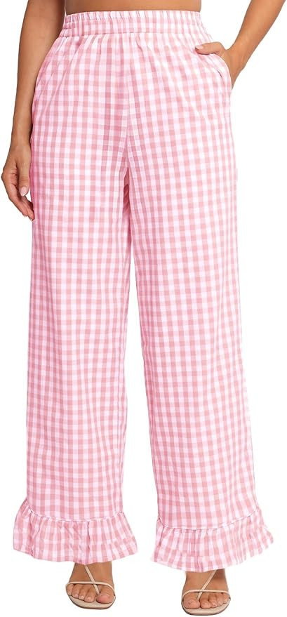 Flygo Women's Gingham Pants Y2K Cotton Wide Leg Ruffle Hem Lounge Pants Plaid Elastic Wasited Tro... | Amazon (US)