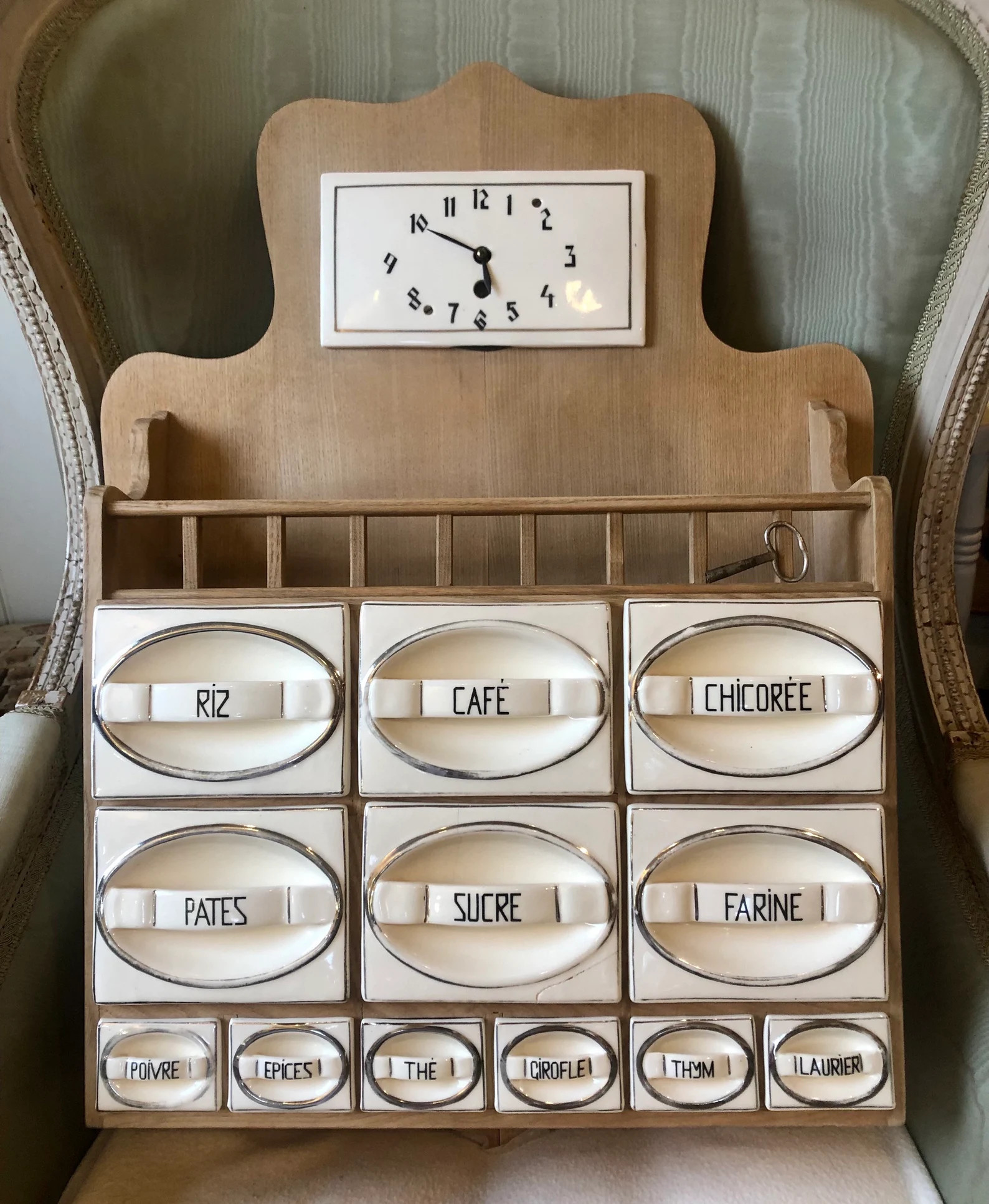 Vintage Beech Spice Rack with Restored Ceramic Mechanical Clock & French Labelled Pull Out Cerami... | Etsy (US)
