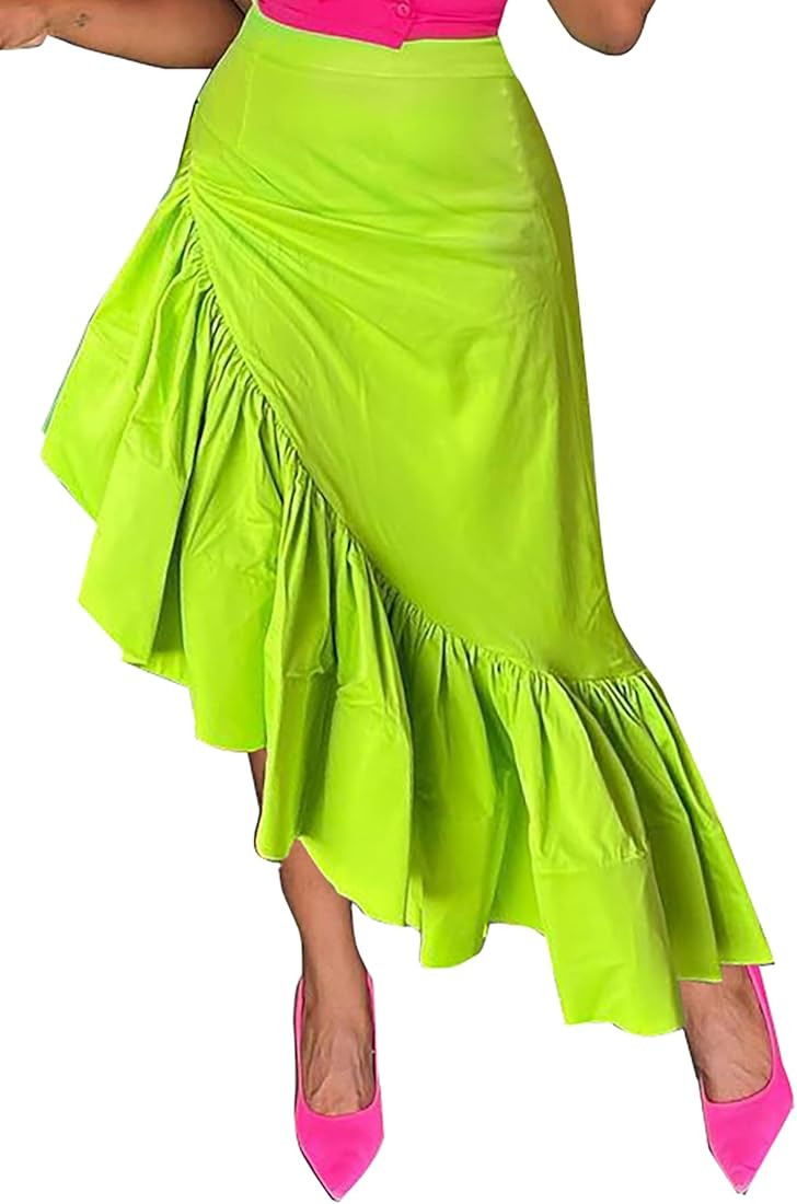 Womens High Waisted Ruched Midi Skirt Sexy Zipper Ruffle Bodycon Party Club Skirts | Amazon (US)