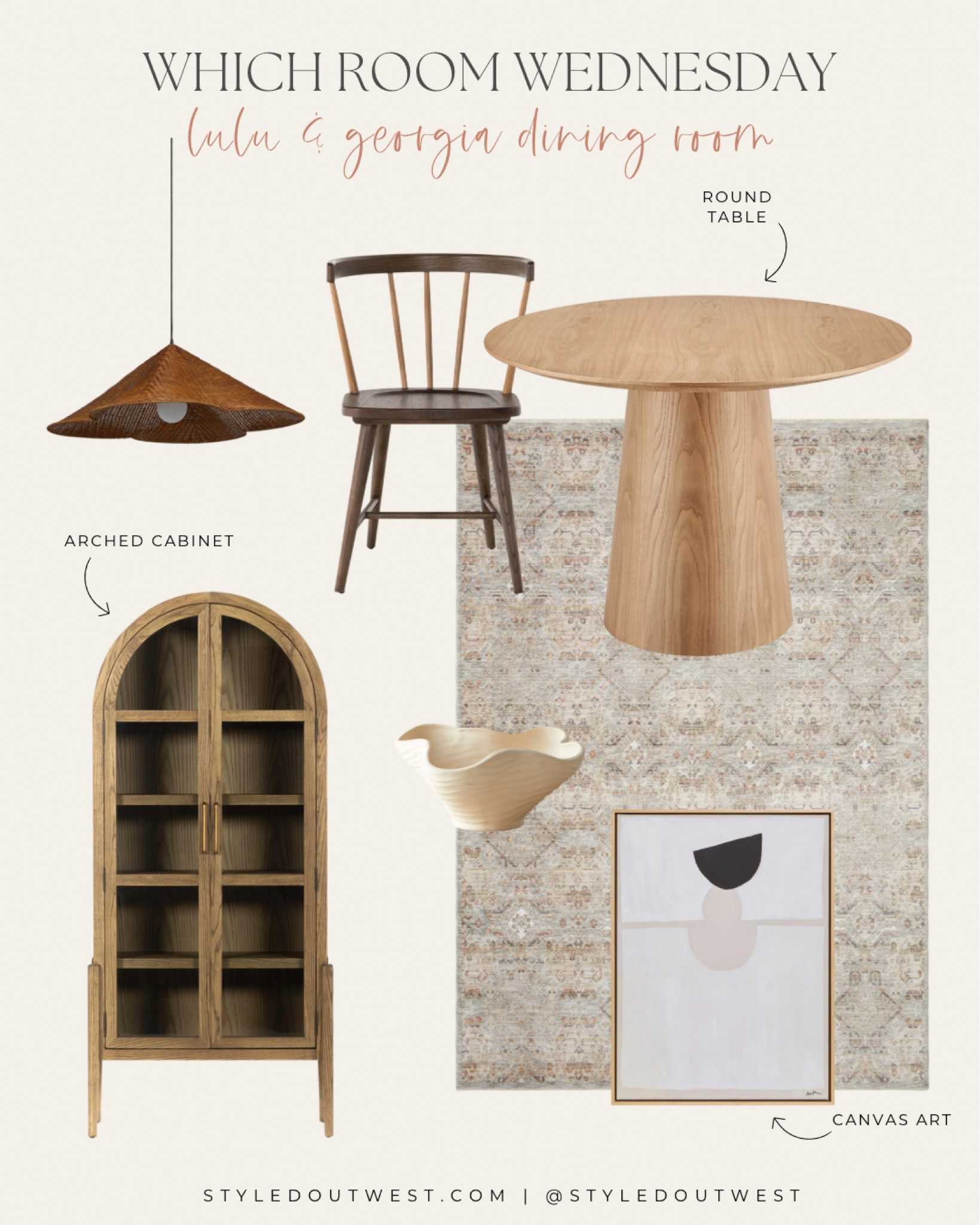 Which Room Wednesday | Lulu & Georgia Dining Room

Arched cabinet, round dining table, Amber Lewis Loloi rug, Sarah Samuel art, woven pendant, centerpiece bowl