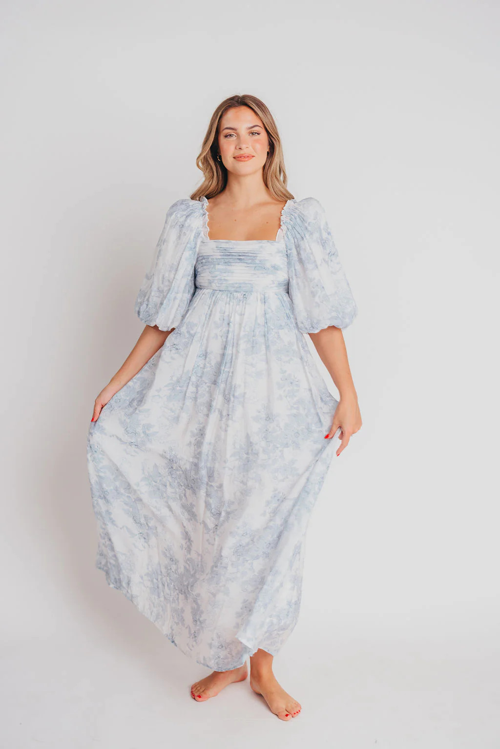 Melody Maxi Dress with Pleats and Bow Detail in Blue Floral - Bump Fri | Worth Collective