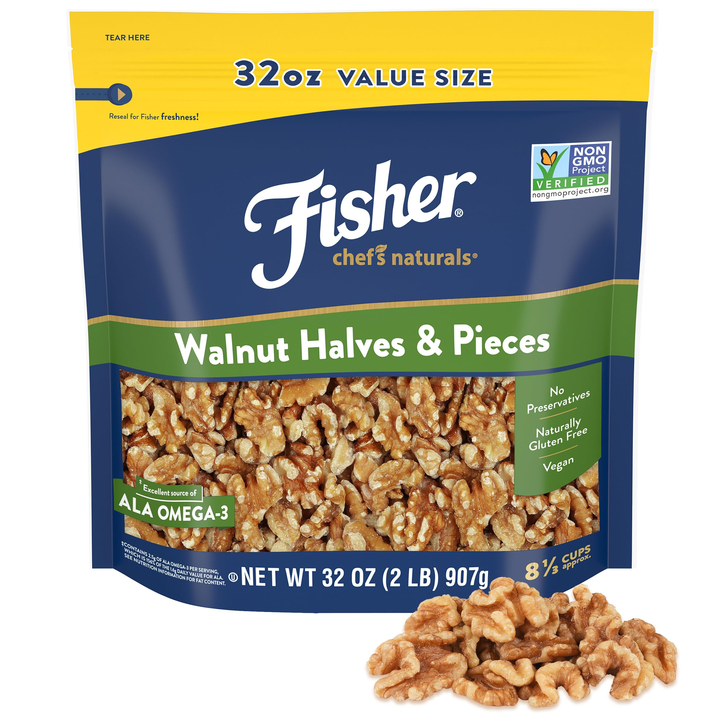 Fisher Chef's Naturals Walnut Halves & Pieces 2 lb, 100% California Unsalted Walnuts for Baking &... | Amazon (US)
