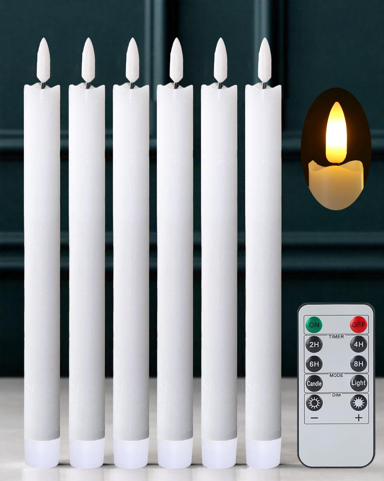 9.6" Waxy Flameless Taper Candles with Remote Timer, White LED CandleSticks, Box of 6 Flickering ... | Amazon (US)
