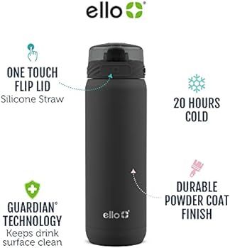 Ello Cooper Vacuum Insulated Stainless Steel Water Bottle with Silicone Straw, 22 oz, Black | Amazon (US)