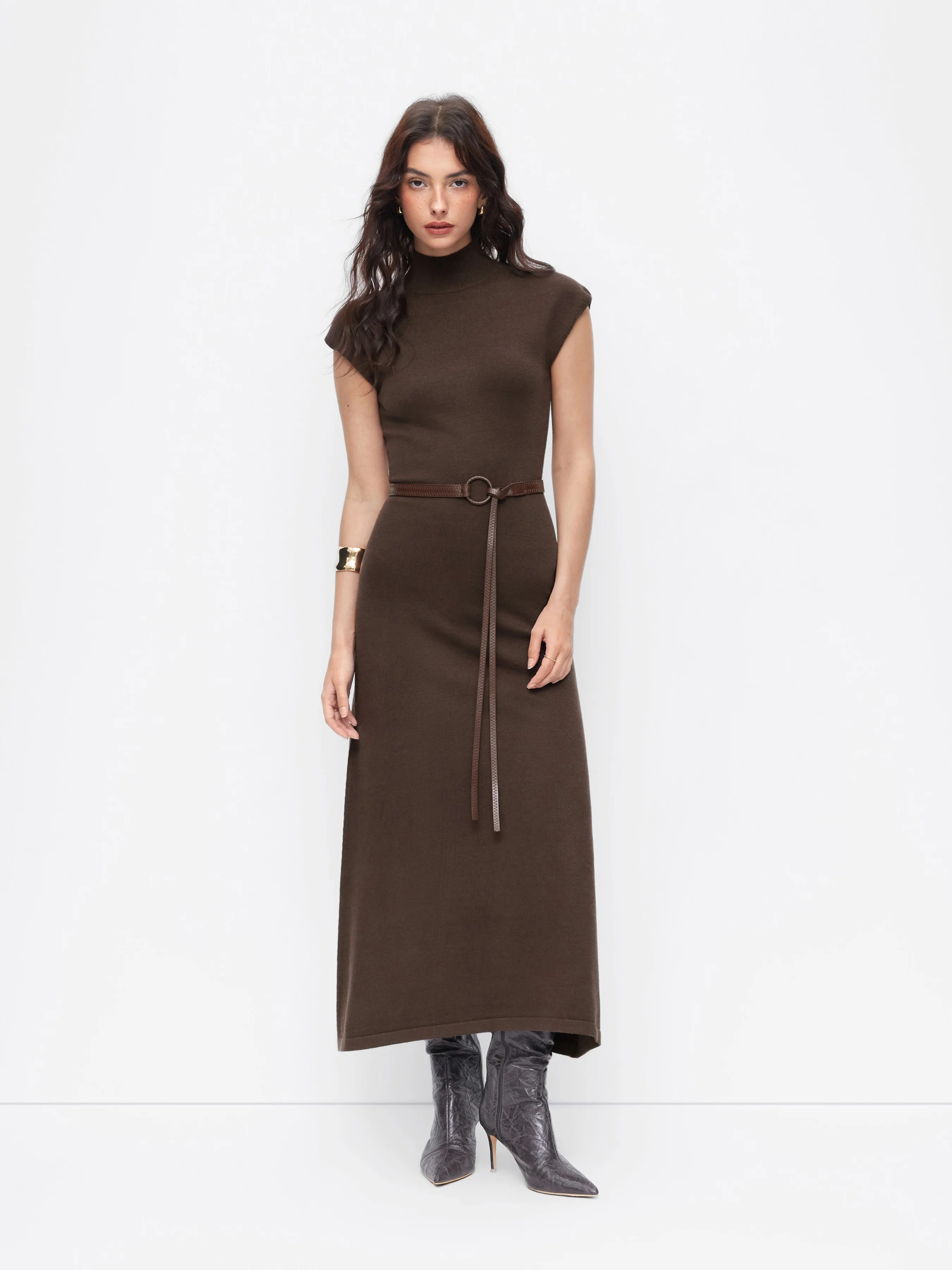 Knit High Neck Sleeve A-line Maxi Dress With Belt | Cider