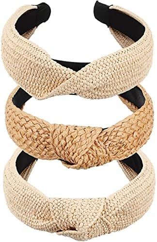 3 Pieces Straw Knotted Headbands for Women Summer Beach Rattan Top Knot Headband Bohemian Wide He... | Amazon (US)