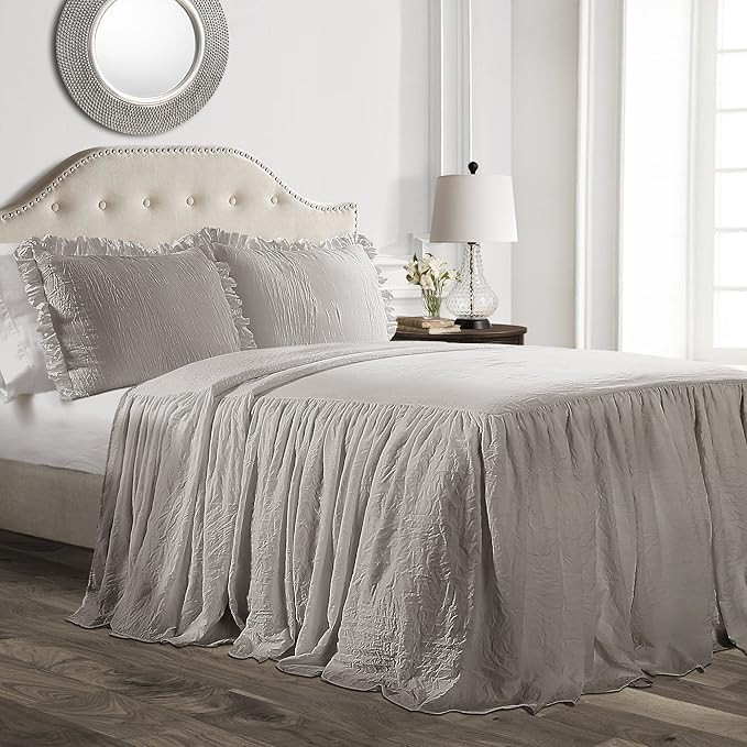 Lush Decor Gray Ruffle Skirt Bedspread Shabby Chic Farmhouse Style Lightweight 3 Piece Set-King | Amazon (US)