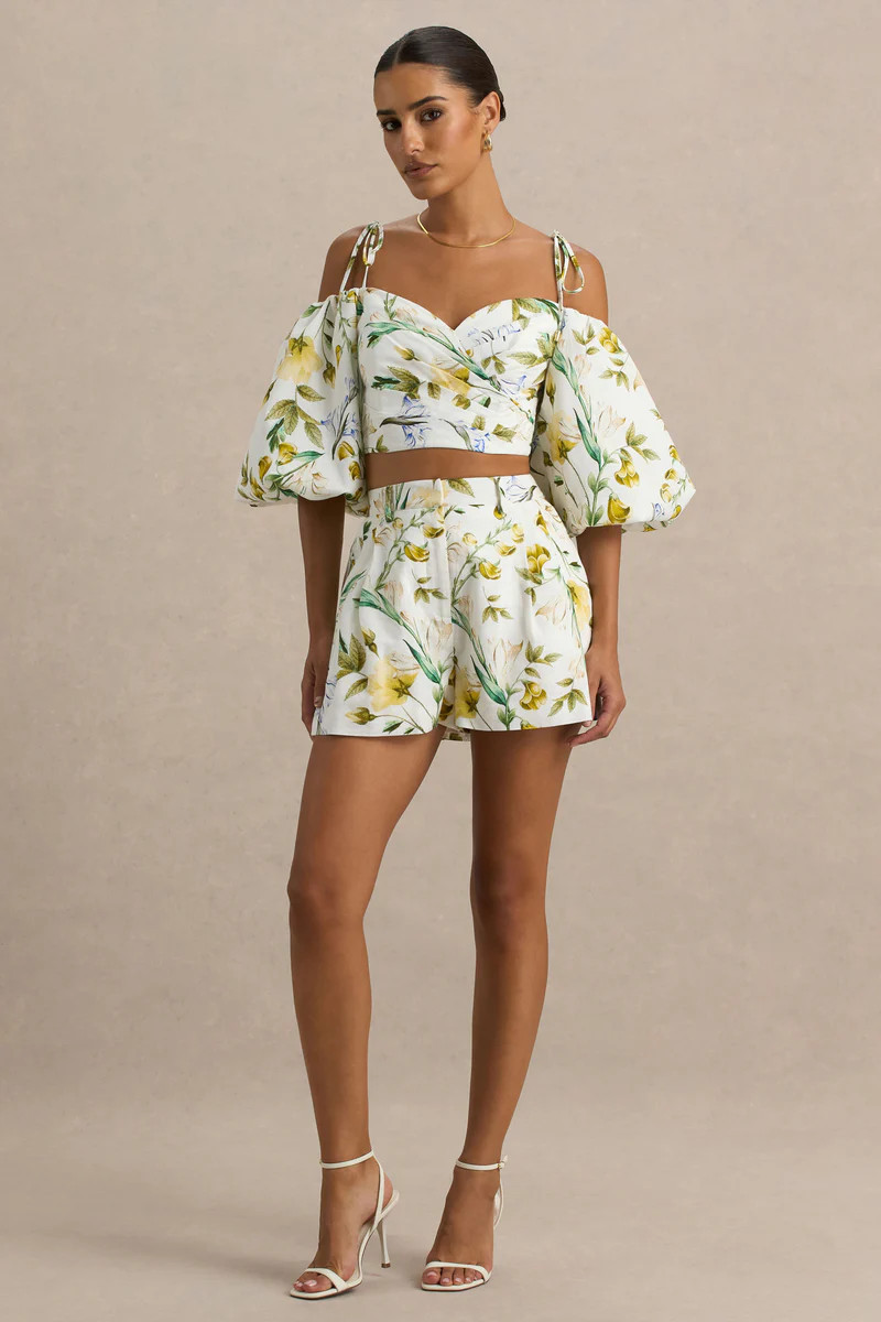Pixel | White Botanical Print Shorts | Club L London