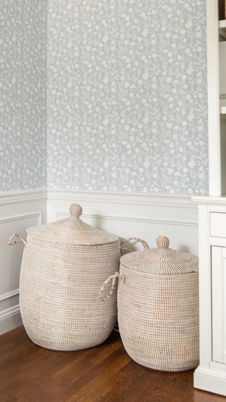 Home office, coastal style home decor, Serena and Lily pattern wallpaper and seagrass storage baskets, white hutch and dusk

#LTKFamily #LTKHome