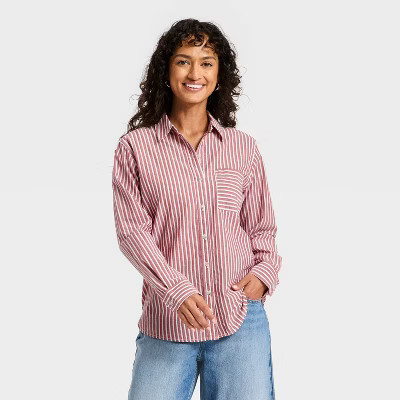 Women's Long Sleeve Collared Striped Button-Down Shirt - Universal Thread™ Red | Target