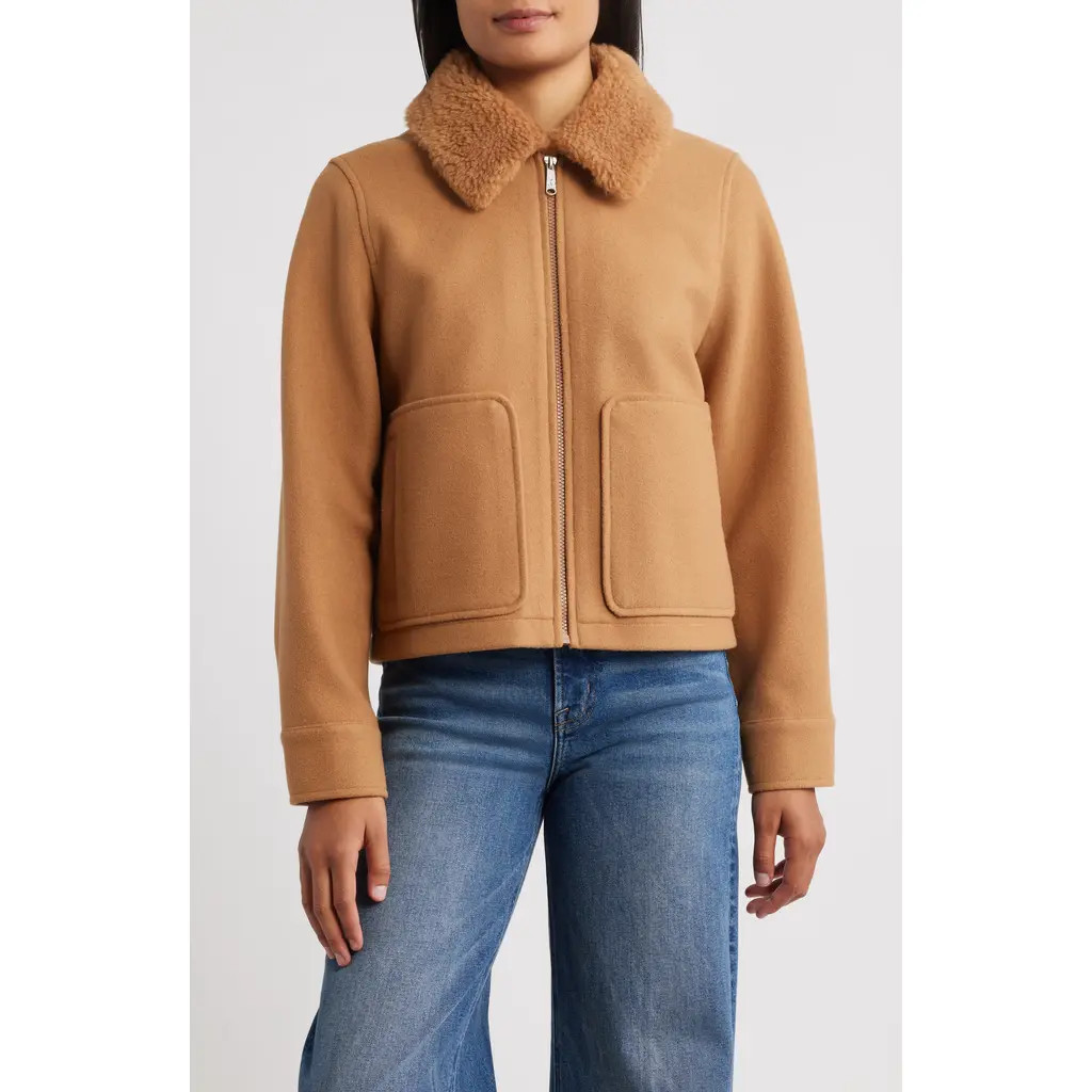 Sam Edelman Faux Fur Collar Zip-Up Jacket in Camel at Nordstrom, Size X-Large | Nordstrom