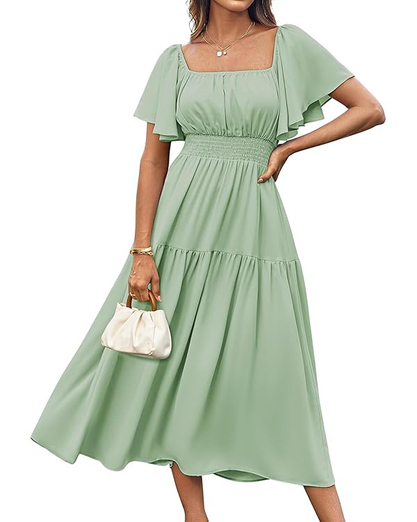 GRACE KARIN Women's Summer Short Sleeve Square Neck Smocked Waist Casual Vacation Tiered Flowy Ma... | Amazon (US)